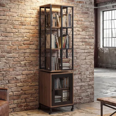 Zdjęcie produktu dla Regał na książki HWC-P13, regał stojący, obrotowy, drzwi na kółkach, metalowy, industrialny, melamina MVG 162x40x42cm ~ brązowy