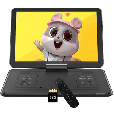Image de lecteur DVD portable 17,5" avec écran pivotant 15,6" idéal pour la voiture Fonction de lecture en mémoire et autonomie de 4 à 6 heures Pas de support Blu-ray &32G