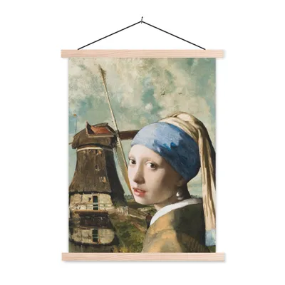 Produktbild von MuchoWow® Textilposter Das Mädchen mit dem Perlenohrring - Johannes Vermeer - Mühle 40x53 cm mit holzfarbenen Rahmen - Schlafzimmer