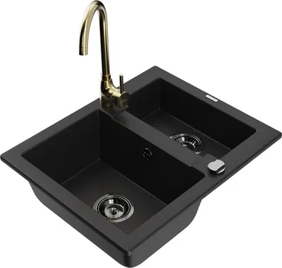 Produktbild von Mexen Carlos 1,5-Becken-Granitspüle mit Mischbatterie Telma, Schwarz - 6518-77-670200-50-B