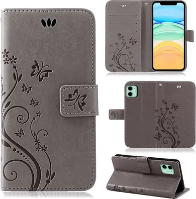 Produktbild von iPhone Handy Tasche Handyhülle Schutz Hülle Blumen Flip Cover Buch Case Etui Apple iPhone 11 Grau