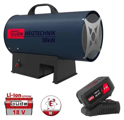 A dark blue portable heater with a black stand, a battery, and a charger are shown against a white background. There are also some logos and text overlays.