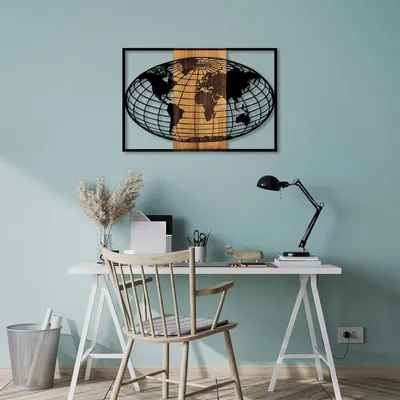 Zdjęcie produktu dla Wallity, elegancki element dekoracyjny do zawieszenia na ścianie, wykonany z drewna i metalu, kolor: czarny i orzech, wymiary: 87x58 cm