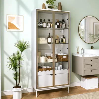 Immagine prodotto di Armadio contenitore okwish con cassetto e porta in vetro, mobiletto da bagno con ripiani in vetro regolabili, mobiletto alto bianco
