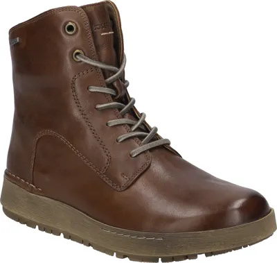 A single brown leather boot is shown against a white background.