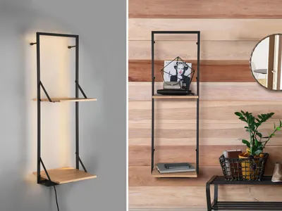 Produktbild von Großes LED Wandregal mit indirekter Beleuchtung 2 Holzfächern & Metall 72cm hoch