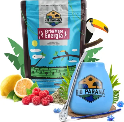 Image de Rio Parana - Coffret de thé maté « Energia Guarana » 500 g – Tasse à maté en céramique bleue 330 ml – Bombilla – Yerba argentine – Vieillie au moins 1 an