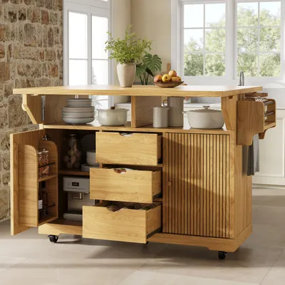 Produktbild von Flieks Servierwagen mit ausklappbaren Tischverlängerungen, Küchenwagen mit Schubladen, feststellbaren Rollen, Speisewagen 142.5x40-80x95cm, Naturbraun
