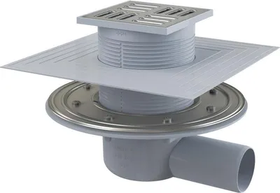 Produktbild von AlcaDrain Bodenablauf 105×105/50 mm mit einem waagrechten Abgang, Edelstahl Rost, Edelstahl-Dichtungflansch und Manschette-2. Abdichtung, Kombi-Geruchsverschluss SMART