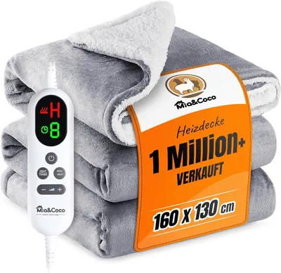 Zdjęcie produktu dla SELL! Szary koc elektryczny 160 x 130 cm, 10 stopni regulacji temperatury (od 25 °C do 53 °C), automatyczne wyłączanie, można prać w pralce