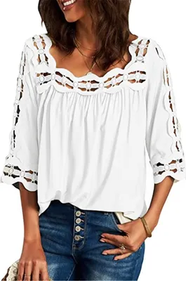 Produktbild von ASKSA Damen Spitze Hollow Bluse 3/4 Ärmel Square Neck Shirts Lose Oberteile, Weiß, XXL