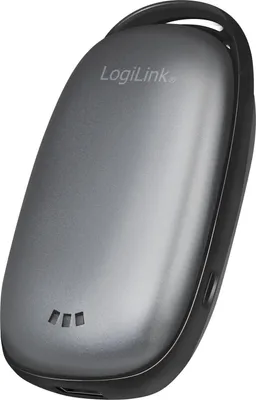 A gray and black mobile power bank and hand warmer with the brand name 'LogiLink' printed on it.
