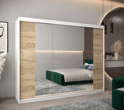 Produktbild von Schwebetürenschrank mit einer Breite von 250 cm TIMEA 2 – Weiß / Eiche Sonoma