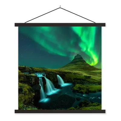 Produktbild von MuchoWow® Textilposter Nordlichter - Wasserfall - Berg - Island 90x90 cm mit schwarzem Rahmen - Magnetisches