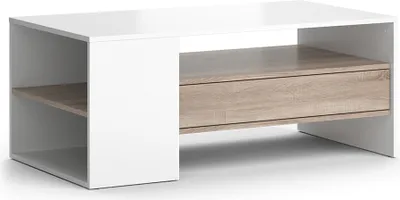 A modern coffee table with a white top and a wood-grain drawer.