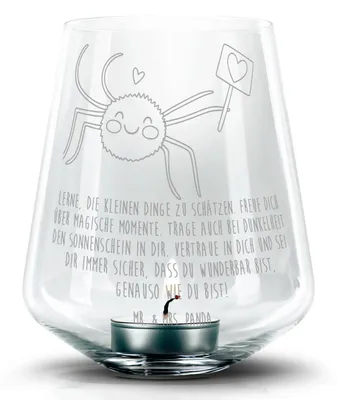 Produktbild von Mr. & Mrs. Panda Teelichthalter Spinne Agathe Motivation - Transparent - Geschenk, Liebe, Kerzenhalter, Dankeschön, Glas Windlicht, Glück, gravur, Vertrauen, Kerzenglas