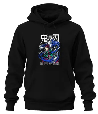Imagen del producto de Sudadera con capucha uni, estilo streetwear Y2K, inspirada en el anime "Demon Slayer" con el personaje Tanjiro Kamado y el diseño del dragón de agua. Color: . Talla: M