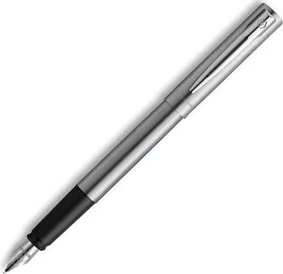 A silver fountain pen with a black grip is shown against a white background.