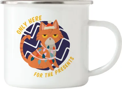 Produktbild von Only Here For The Presents Emaille Tasse Lustiges Katzen Motiv Katzenliebhaber Weichnachten Weihnachtsfest Christmas