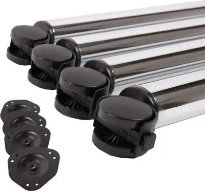 A set of four chrome table legs with black casters and four black mounting plates, arranged on a white background.