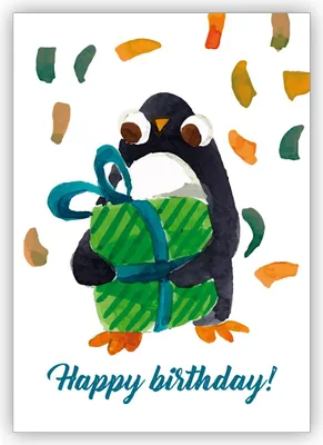 Produktbild von Nette gemalte Geburtstagskarte mit kleinem Pinguin und großem Geschenk: Happy birthday
