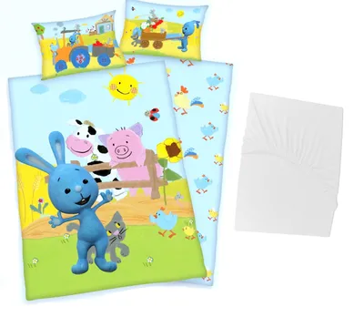 Produktbild von 3 tlg Baby Bettwäsche Set - Kikaninchen - Renforcé - 40x60 100x135 cm + 1 Spannbettlaken weiß 60x120 - 70x140 cm