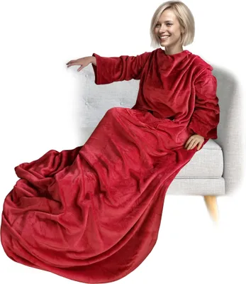 Produktbild von NYVI Ärmeldecke CozyWear Deluxe 150x180 cm Rot - Kuscheldecke mit Ärmeln, 2 Brusttaschen, Fußtasche - Kuschelige TV-Decke für Erwachsene & Kinder - 100, Sofadecke zum Anziehen