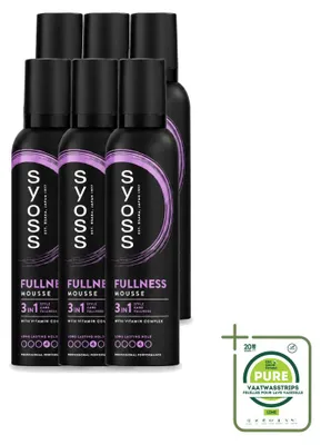 Imagen del producto de 6 unidades de espuma para el cabello Syoss Fullness, 250 ml cada una. Paquete grande