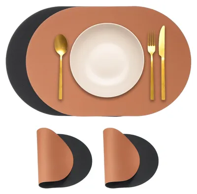 2er-Set ovale Platzsets aus PU-Leder, braun/schwarz, 43,5x30 cm
