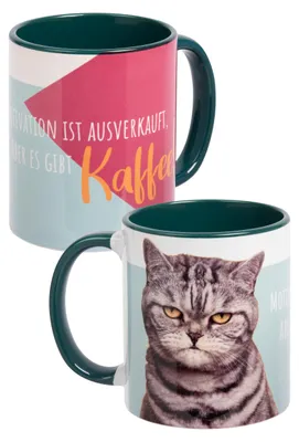 Produktbild von Katzen Tasse - Motivation ist t! Aber es gibt Kaffee! - Katze Kaffeetasse Becher Kaffeebecher aus Keramik Grün Weiß 320 ml