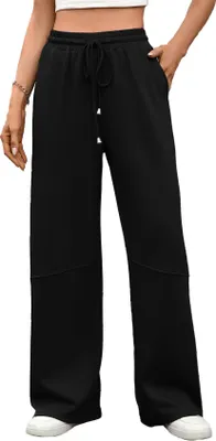Image de ASKSA Pantalon de jogging femme Baggy taille haute jambes larges Pantalon de sport Confortable Pantalon long avec poches (Noir,S)