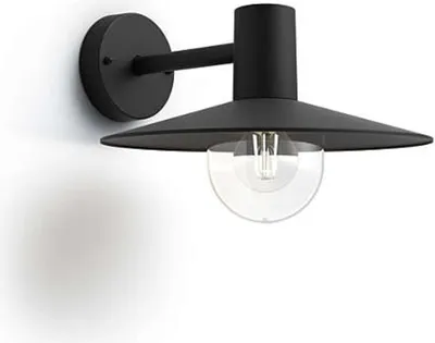 A black wall-mounted light fixture with a conical shade and a clear glass globe.