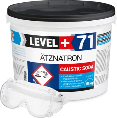 Produktbild von Ätznatron Entfetter Rohrreiniger Perlen Caustic Soda Eimer 15kg Seifenindustrie + Schutzbrille Arbeitsschutz Set RM71