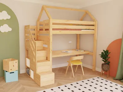 Produktbild von Hochbett MANASLU mit Aufbewahrungstreppen und Schreibtisch 90x200 cm Weiß