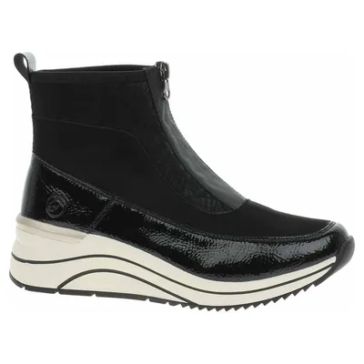 A black women's boot with a white sole and a silver accent on the heel.