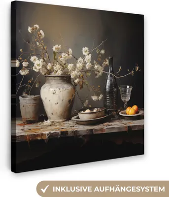 Produktbild von MuchoWow® - Leinwandbilder - Stilleben - Blumen - Blumenstrauß - Vase - Wein, Wandbild, Wanddeko Bilder Wohnzimmer, 50x50 cm