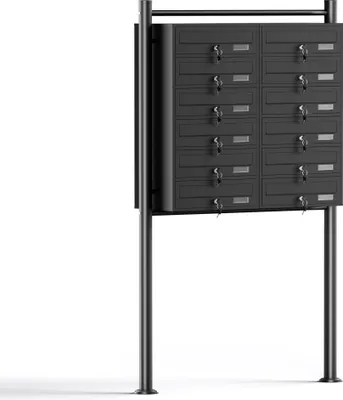 Produktbild von Wiltec 12er Briefkastenanlage schwarz 945 x 270 x 1500 mm, Standbriefkasten mit 2x6 Fächern, Schlüssel und Namensschild, Briefkasten Postkasten mit Ständer