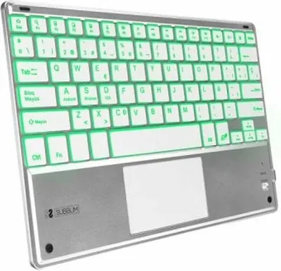 Imagen del producto de SUBBLIM, teclado inteligente retroiluminado con touchpad, Bluetooth, color plateado, distribución QWERTY, idioma español, capacidad para 5 millones de caracteres, compatible con cualquier marca, color plateado, detalles en blanco, material: ABS (acrilonitrilo butadieno estireno)