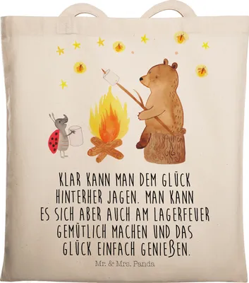 Produktbild von Mr. & Mrs. Panda Shopping Tasche Bär & Marienkäfer Lagerfeuer - Transparent - Geschenk, Laptoptasche, Tote Bag, Teddy, Tragetasche, Jutebeutel