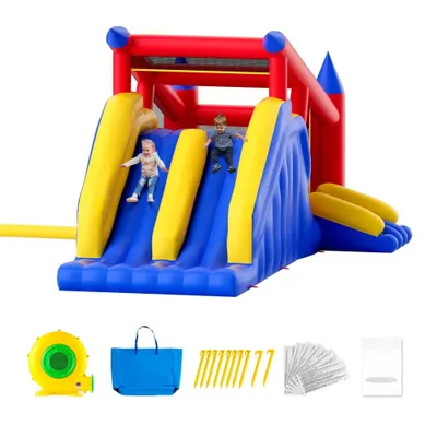 Productafbeelding van Famanu opblaasbaar springkussen - Springkasteel met blower en glijbaan - 465 x 260 x 235 cm - Geschikt voor de tuin