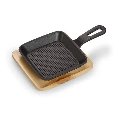 Image de Poêle de service en fonte Echtwerk, petite poêle de service, plat à gratin carré avec planche de service, bandes de cuisson, déjà culottée, convient au four, au grill, au barbecue et à l'induction, Ø 11,8 cm