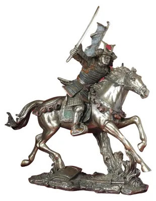 Samurai-Figur, Krieger auf Pferd, Bronzeoptik, 25 cm