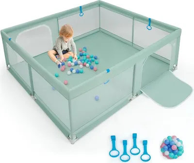 Produktbild von COSTWAY 200 x 180cm Laufstall baby faltbar, Laufgitter mit 50 Ozeanbällen & 4 Griffen, Krabbelgitter mit atmungsaktiver Mesh & Tür, Laufgitterzelt für Säuglinge und Kinder (Grün)