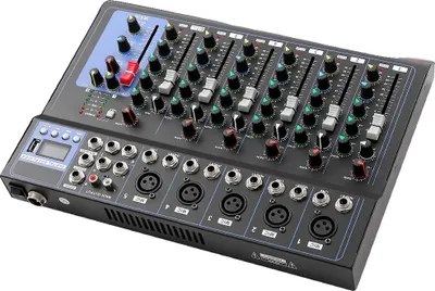 Obrázok produktu pre Audio mixér-zosilňovač, 7 kanálov, káblové napájanie, kovová konštrukcia, kompaktný stolný dizajn, viacero rozhraní