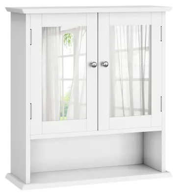 Image de Armoire de salle de bain suspendue avec porte miroir - en MDF et en verre - étagère réglable - espace de rangement - blanc