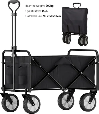 Produktbild von Bollerwagen Faltbar Offroad Schwarz 200 Kg, Klappbar Transportwagen 360 ° Faltbollerwagen Belastbar Bis, Klappbollerwagen Für Strand, Garten, Einkäufe