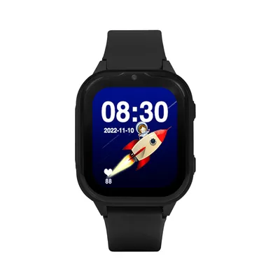 A black smartwatch with a colorful display showing the time, date, and a rocket illustration.