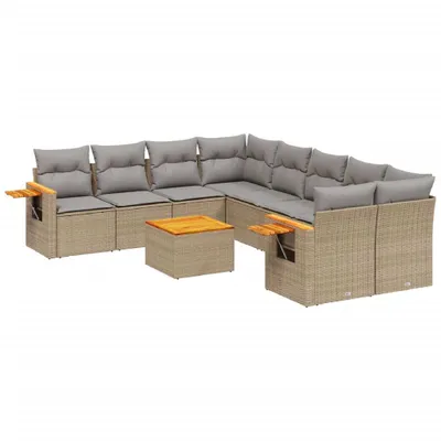Produktbild von Modulares Garten-Sofaset, 9-teilig, mit Stauraum & wasserabweisendem Beutel, Poly Rattan Beige, Akazienholz-Armlehnen, Hellgraue Kissen