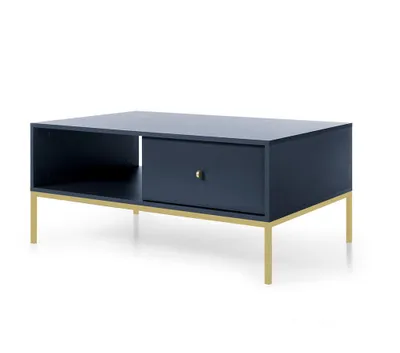 Produktbild von BETTSO Couchtisch MOLLY in Dunkelblau mit goldenem Metallgestell – eleganter Tisch mit Schubladen und offener Ablage, 104x68x46