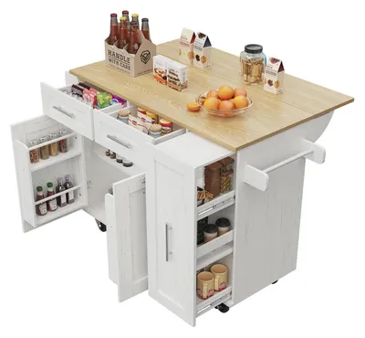 Image de Îlot de cuisine avec plateau rabattable et espace de rangement, blanc, 134,5 x 74 x 90,5 cm